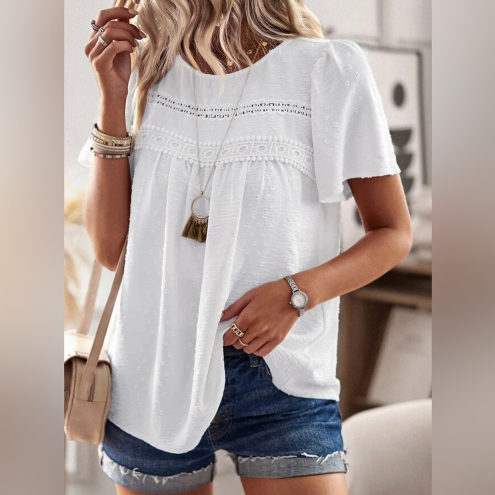 Frenchy Swiss Dot Contrast Guipure Lace Tee - Picture 3 of 8